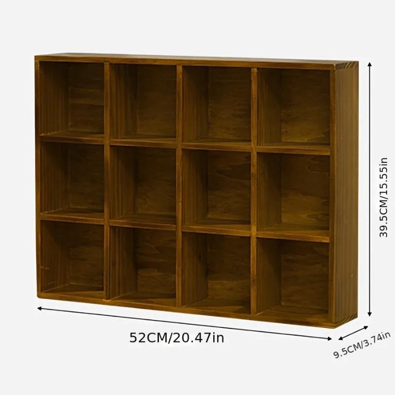 Cherry Wood Tea Set Solid Wood Double-layer Lattice Wall-mounted Shelf Wood Frame for Living Room Tea Room Storage Organizer