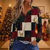 Women's Casual Christmas Print V-Neck Long Sleeve T-Shirt with Decorative Buttons for Holiday Parties