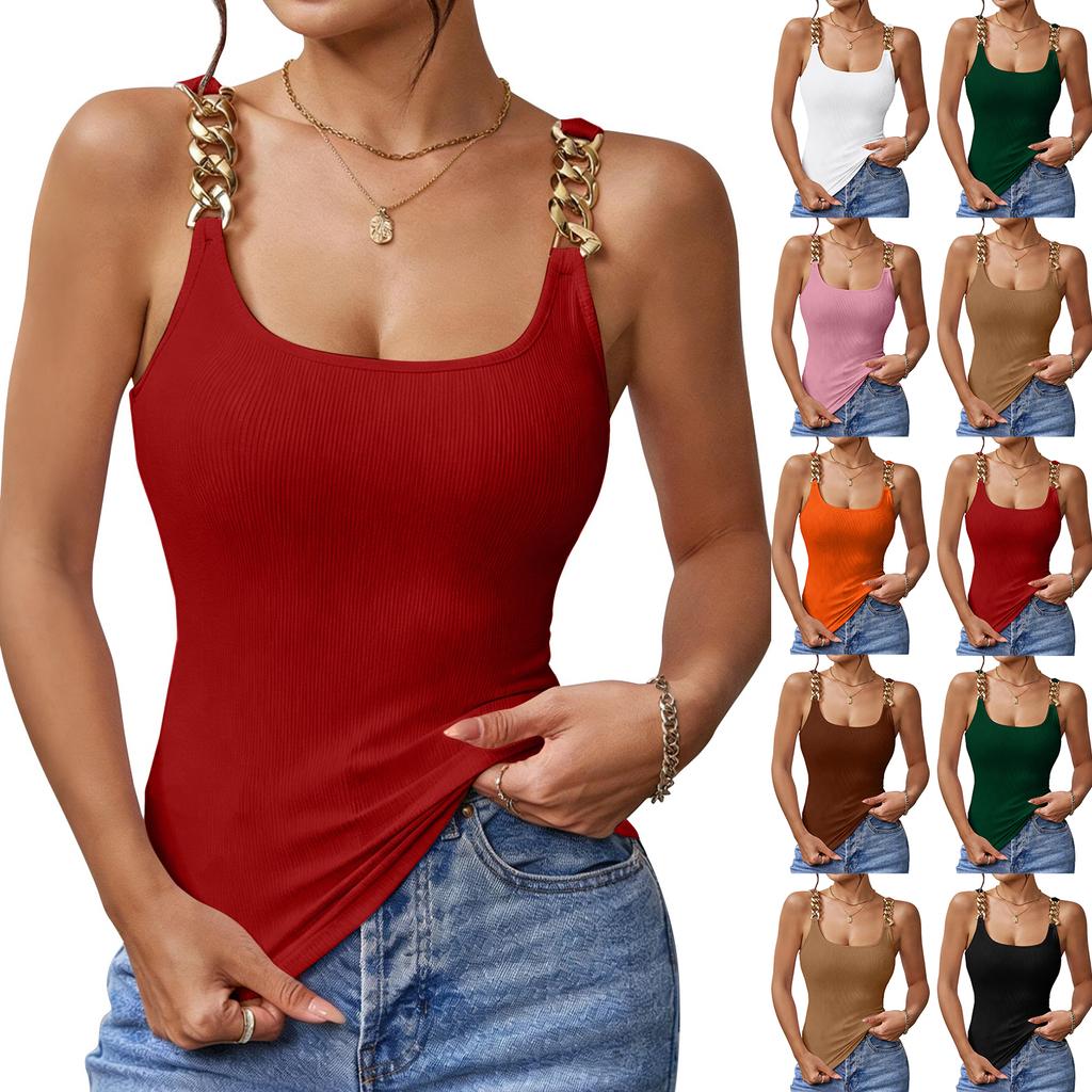 Débardeur côtelé pour femme à bretelles chaîne sans manches coupe ajustée maille stretch Camisole chemise de base d'été à superposer
