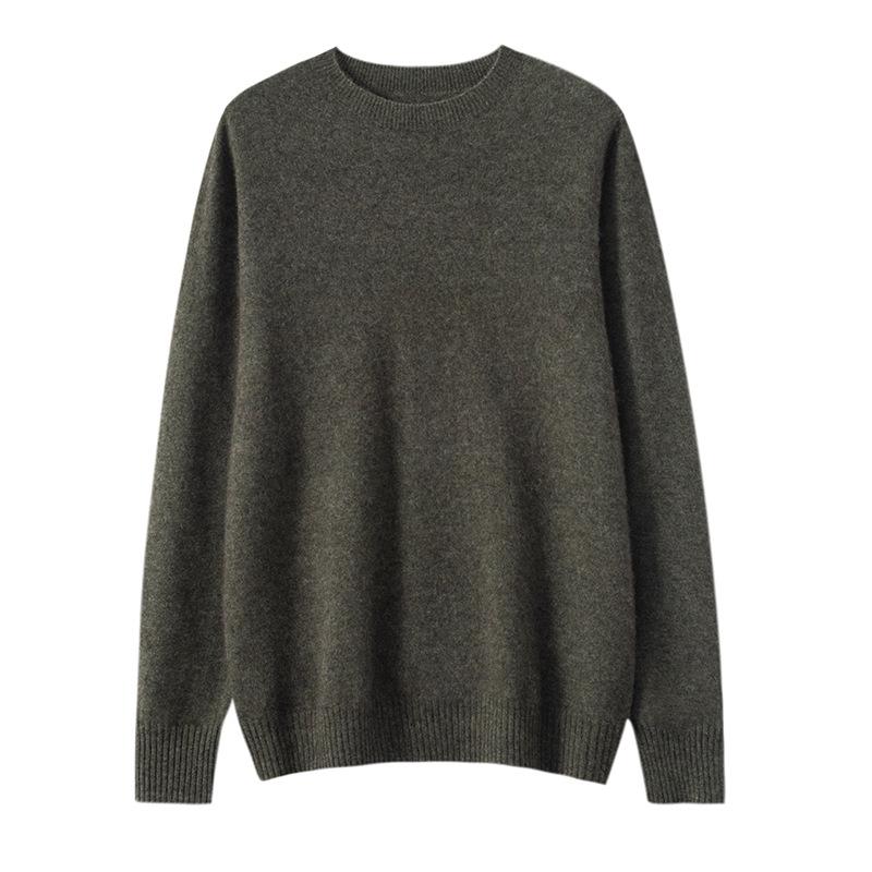 Men's Pure Cashmere Round Neck Sweater: Thick, Loose-Fit, Solid Color Knit for Autumn and Winter.