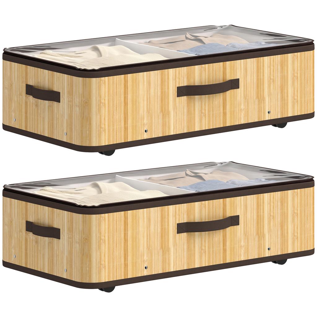 60L Under Bed Storage with Wheels, Pack of 2, 23cm Height, Natural