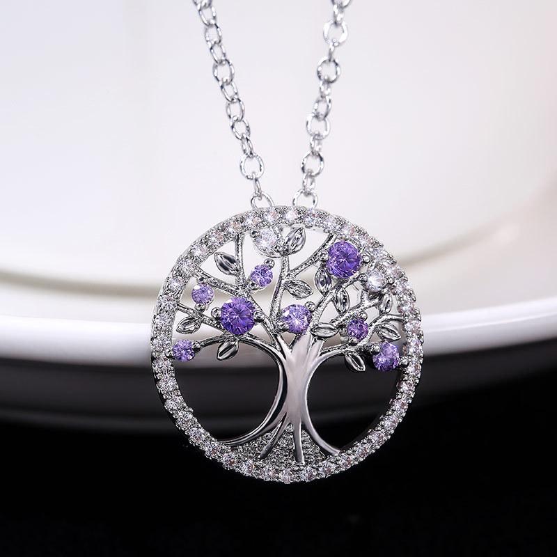 Silver Plated Tree of Life CZ Pendant Necklace, Colorful Crystal Halo Cable Chain Necklace for Women