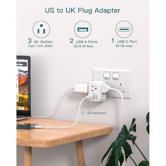US to UK Ireland Plug Adapter, Addtam Type G Power Adapter with 3 AC Outlets and 3 USB(1 USB C), Travel Essentials for USA to Dubai Scotland British