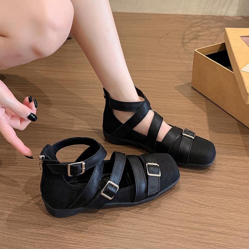 Fashion 2025 Flats Shoes Women Fashion Design Cross Tied Soft Sole Round Toe Zipper Comfortable Solid Dress Ballet Shoes Female Summer