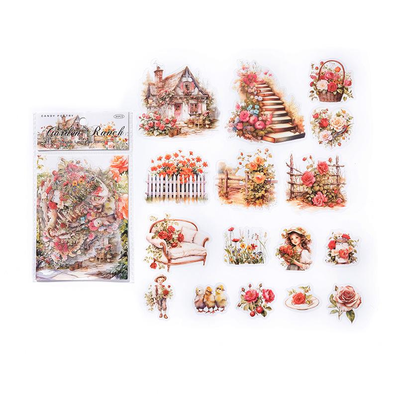 Retro Floral Garden Scenery Sticker Pack for Journaling and Collage
