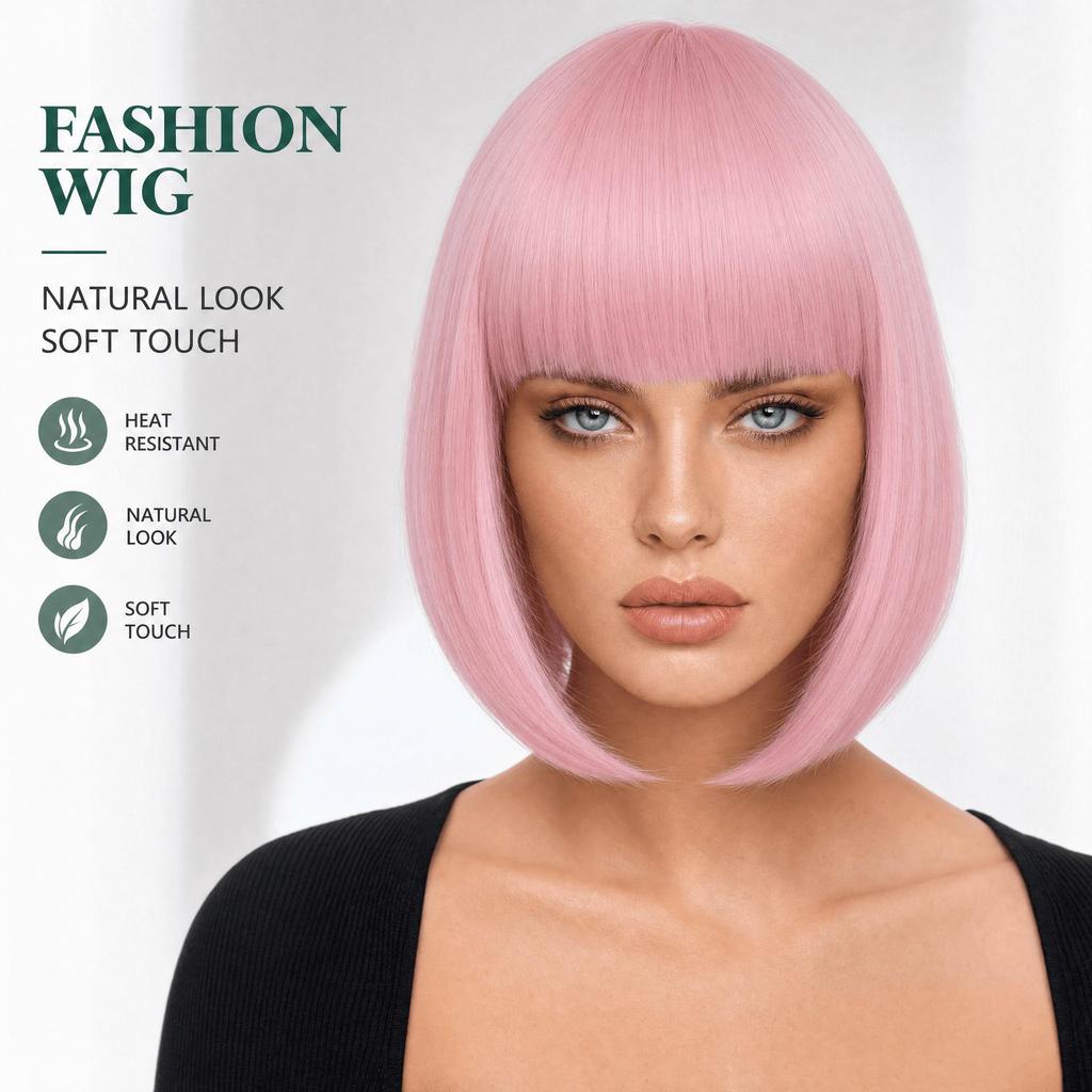 European & American Women's Bob Cut Wigs with Bangs - Short, Colored, Anime-Inspired Headwear for Halloween