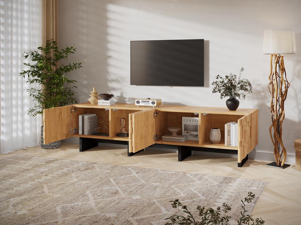 TV cabinet, TV board for TVs up to 75 inches, with lots of storage space, with 4 waffle-grid cabinet doors, natural wood color, 180×38.5×45cm