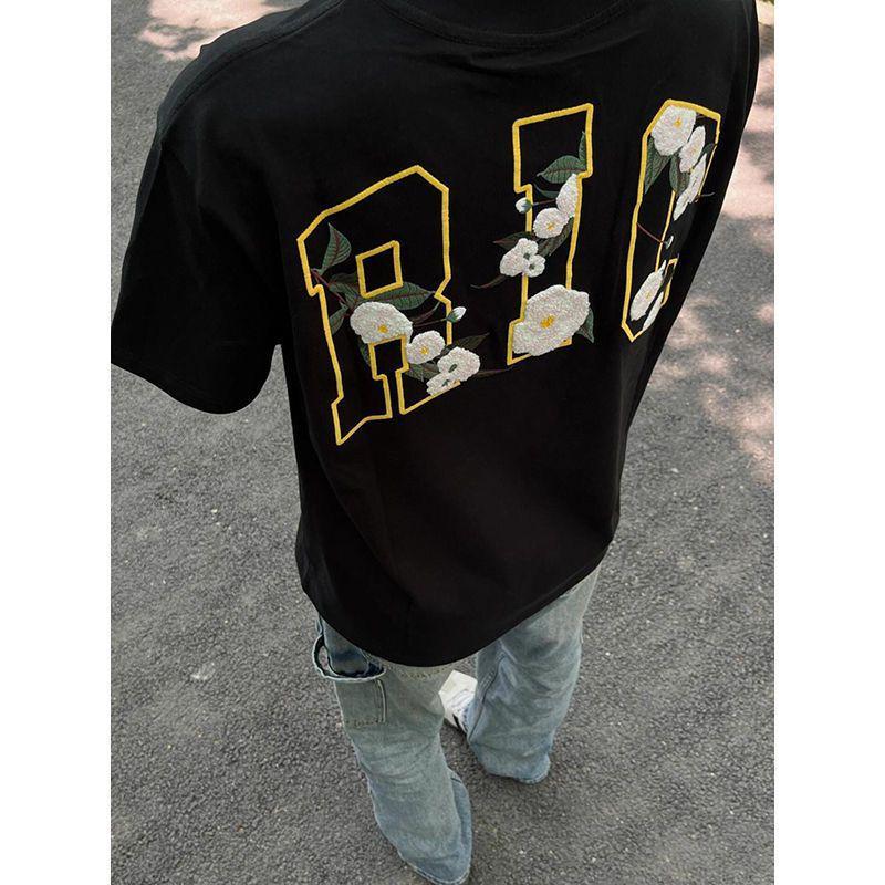 

Women s Summer Retro Camellia Chenille Embroidered Cotton T-shirt with Short Sleeves - Trendy Loose Fit Top Medium чёрный