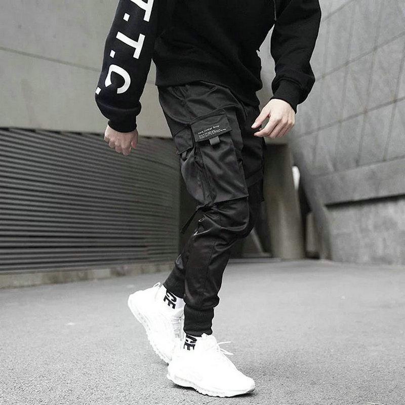 Spring Casual Pants Men Slim Fit Cotton Harem Pants Black Ribbons Ankle Length Joggers Men