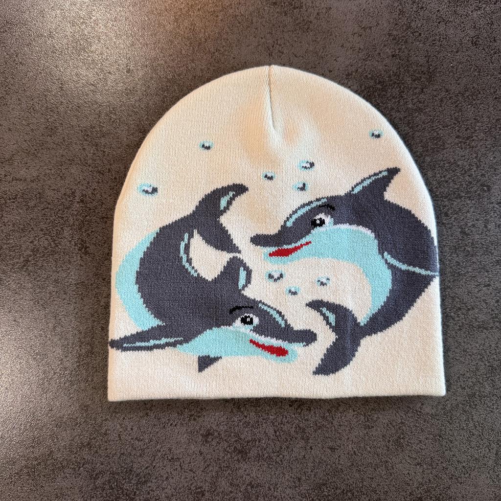 Acrylic Knit Hat With Cartoon Dolphin Embroidery Design For Daily Seasons Cold