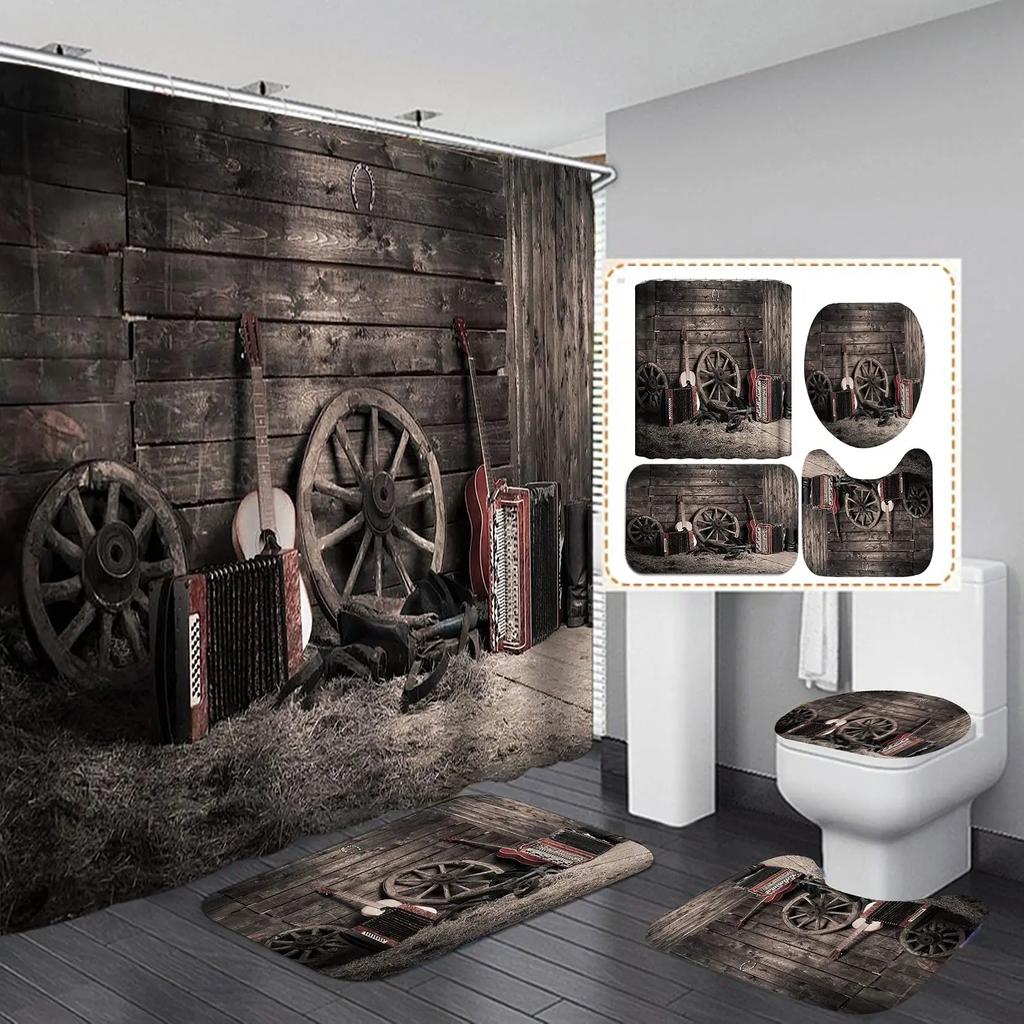 4Pcs Fire Burning Electric Guitar Shower Curtain Sets, Stone Wall Modern Bathroom Sets Waterproof,Non-Slip Bath Rugs Toilet Mat