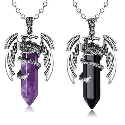 European and American Animal Dragon Man Necklace  Pink Quartz Hexagonal Crystal Pendant Vintage Men Women Pendant Jewelry