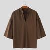 INCERUN Vintage Oversized Men Stand V Neck 3/4 Sleeve Casual Loose T-shirts
