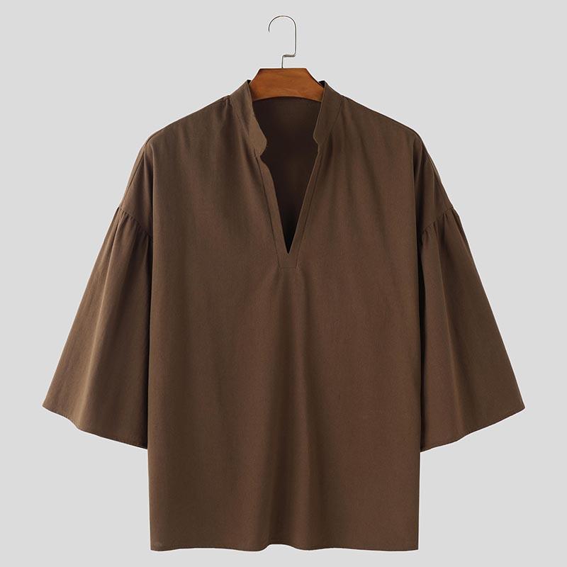 INCERUN Vintage Oversized Men Stand V Neck 3/4 Sleeve Casual Loose T-shirts