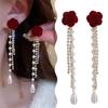 Wine Red Flocking Bow Pearl Tassel Earrings For Women Elegant Trending Luxury Red Rose Flower Long Tassel Earrings Jewelry Gifts