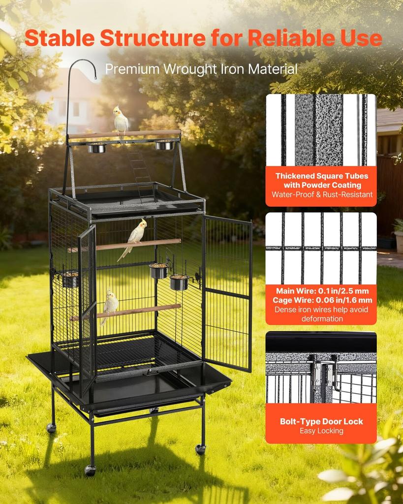 Bird Cage, 830 x 790 x 2100 mm, Open Flat Top, Wrought Iron Bird Flight Cage with Perches, Slide-Out Tray, Plastic Feeders, for Cockatiel, Monk