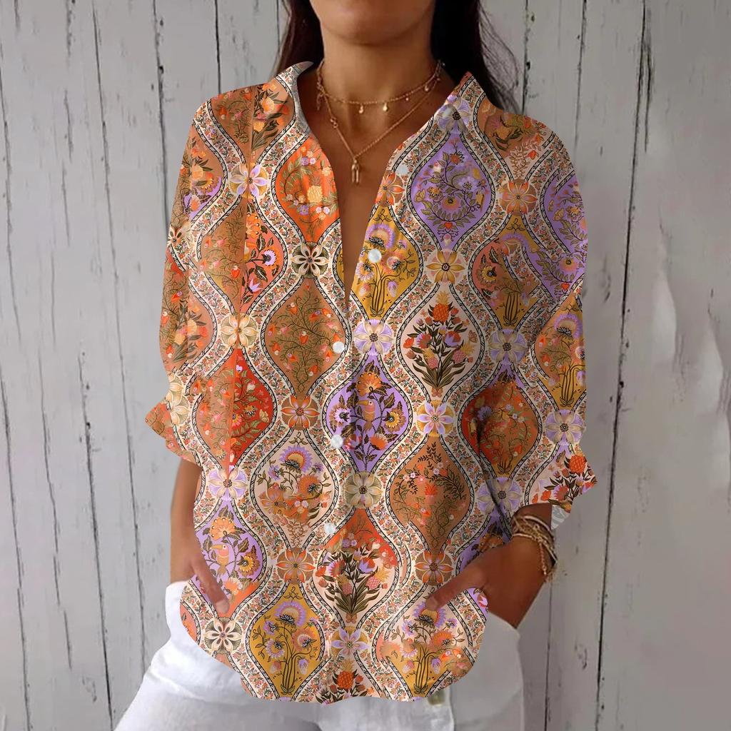 Women's Fashion Seven Sleeve Casual Lapel Back Tie Shirt Printed T-Shirt Top