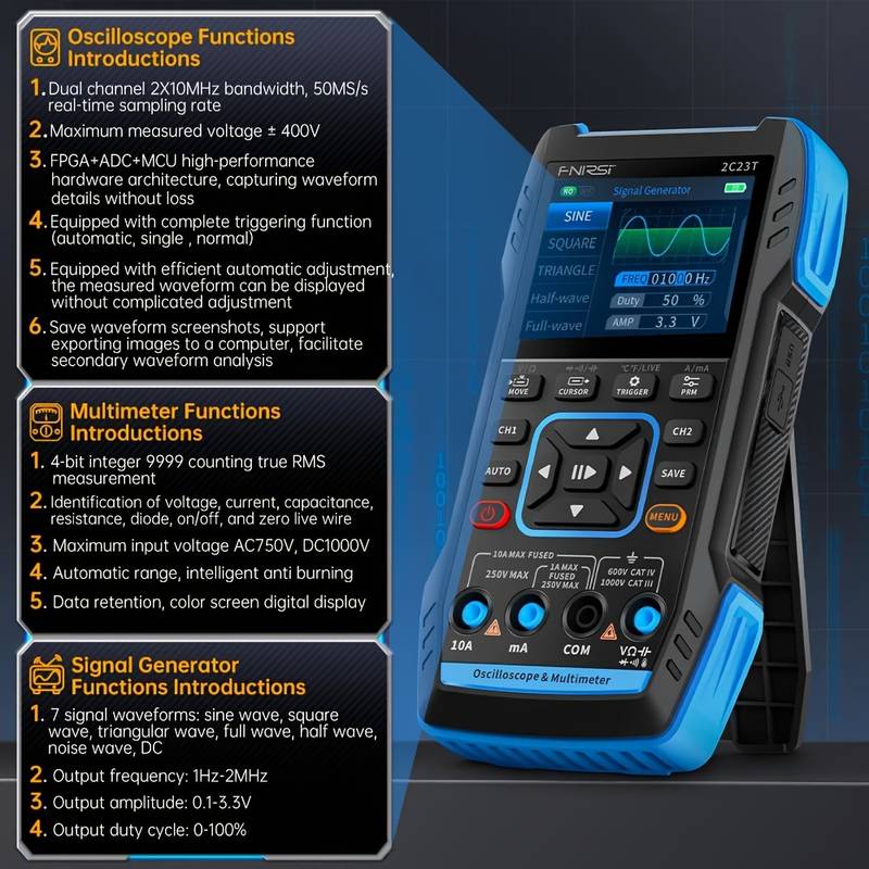2C23T Handheld Digital Oscilloscope Multimeter + Function Signal Generator 2023 Latest 3in1 Dual Channel 10MHZ*2 50MS/s