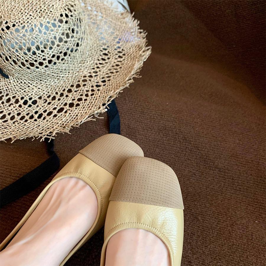 Sheepskin Version of the New Square Head Thick Heel Small Fragrant Wind Doudou Shoes Splicing Color Light Mouth Leather Round Head Flat Sole Shoes Wom