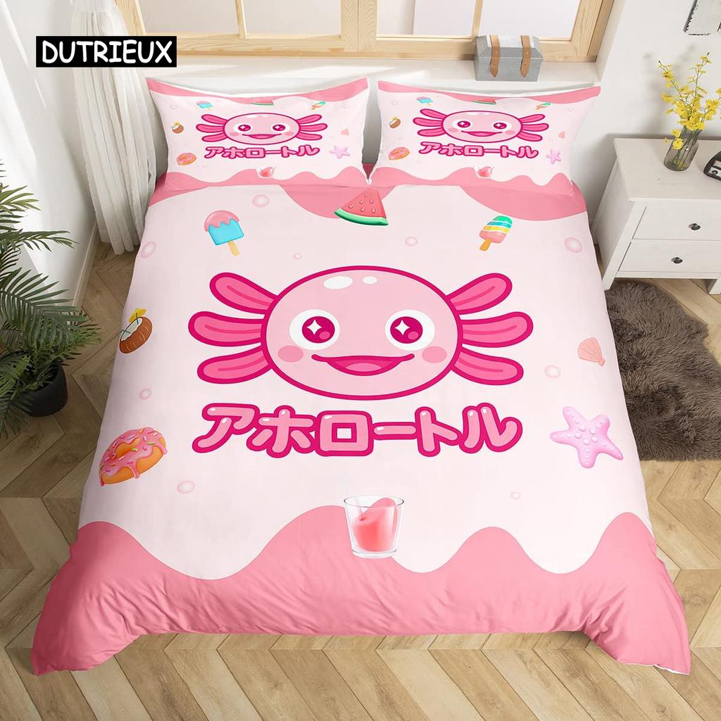 Axolotl Duvet Cover Set Pink Newt Wildlife Comforter Cover with Pillowcases Cartoon Octopus Animal Kawaii Style Twin Quilt Cover