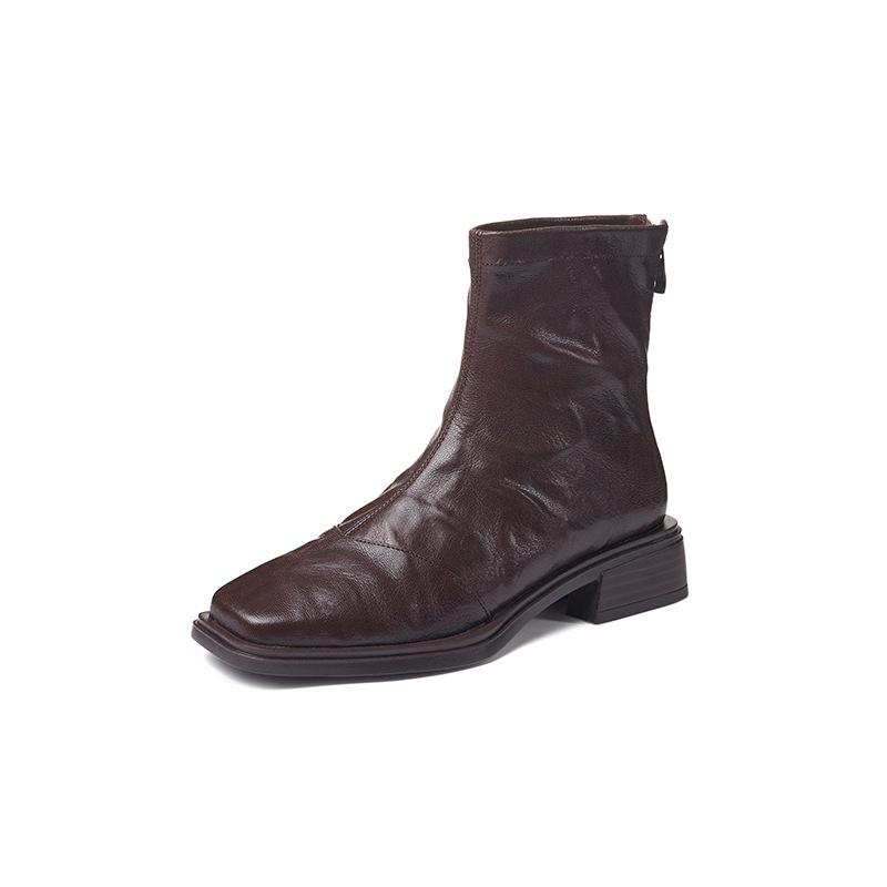 Women's Boots  New Leather Boots Square Head Short Boot Women's Autumn and Winter Retro Pleated Rear Zipper Thin Boot Women