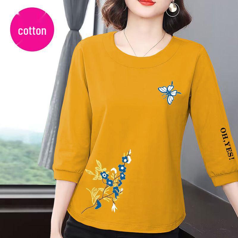 High-End Women's Cotton 7-Sleeve Summer T-Shirt 2025: Korean Style, Casual, Loose, Slimming, Belly-Covering, Versatile Top