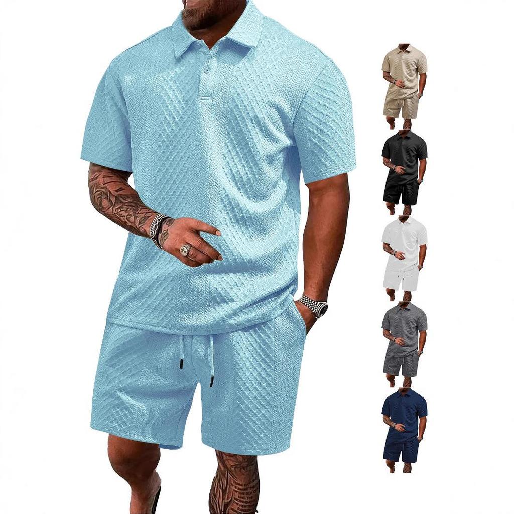 Fashion Summer Men's Casual Trendy Solid Color 2 Piece Set Short Sleeve Turn-down Collar T-shirts Knee Length Short