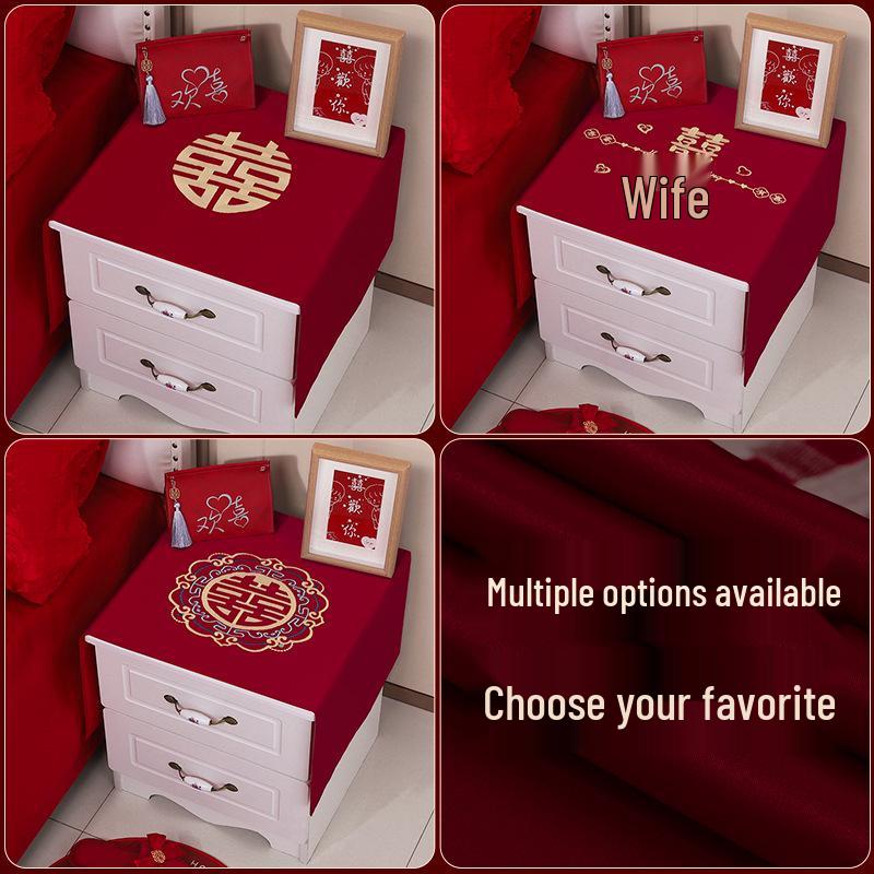 Chinese Red Wedding Bedside Table Cover with Double Happiness Print - Tablecloth & Dust Cover Set