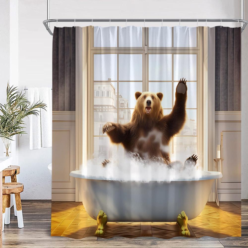 Funny Bear Vintage Shower Curtain Bathing Brown Bear Countryside Cabin Wild Animal Retro Bathroom Decor Polyester Bath Curtain