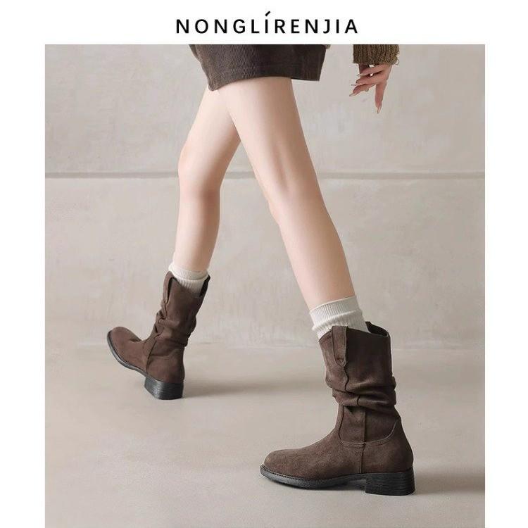 Women Pleated High Heeled Ankle Boots Autumn New Pointed Toe Brown Cowboy Boots Woman Pu Leather Botas Shoes