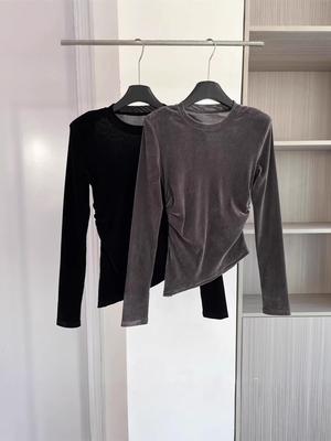 Women's Luxe Velvet Long-Sleeve T-Shirt – 2026 Round Neck Slim Fit for Early Spring/Autumn