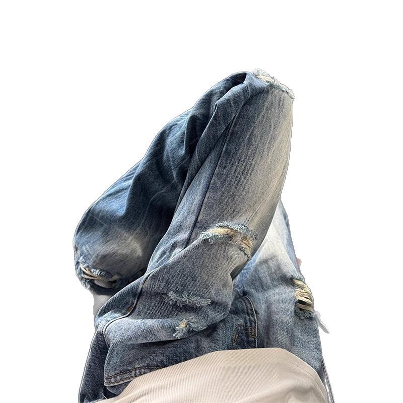Jeans da Uomo Slim Fit in Denim Usurato con Fondo a Zampa Pantaloni Casual Streetwear in Misto Cotone a Vita Media Gamba Dritta