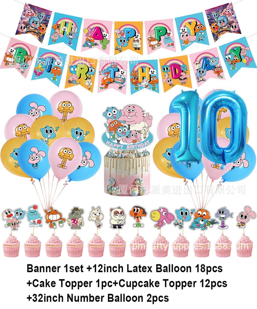 Cartoon Amazing World Birthday Party Decorations Gum&balles Balloon Banner Cake Topper Rabbit Cat Anime Backdrop Kid Favor Gift