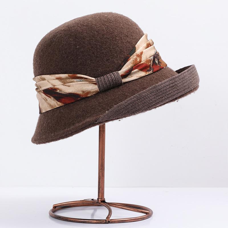 Wool hat women's autumn and winter versatile basin hat Australian wool retro elegant top hat rolled brim bucket hat