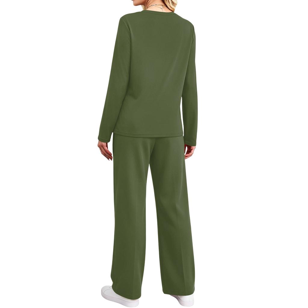 Women's Pajama Set with Pockets, Long Sleeve Round Neck Loose Fit Sleepwear for Home