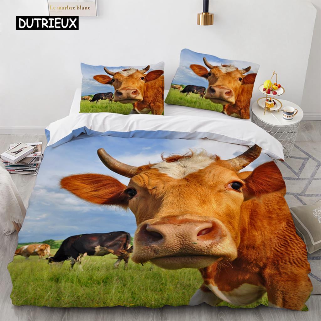 Highland Cattle Duvet Cover Set Funny Farm Animal Comforter Cover for Kids Boy Cow Mountain Meadow Queen Size 2/3pcs Quilt Cover