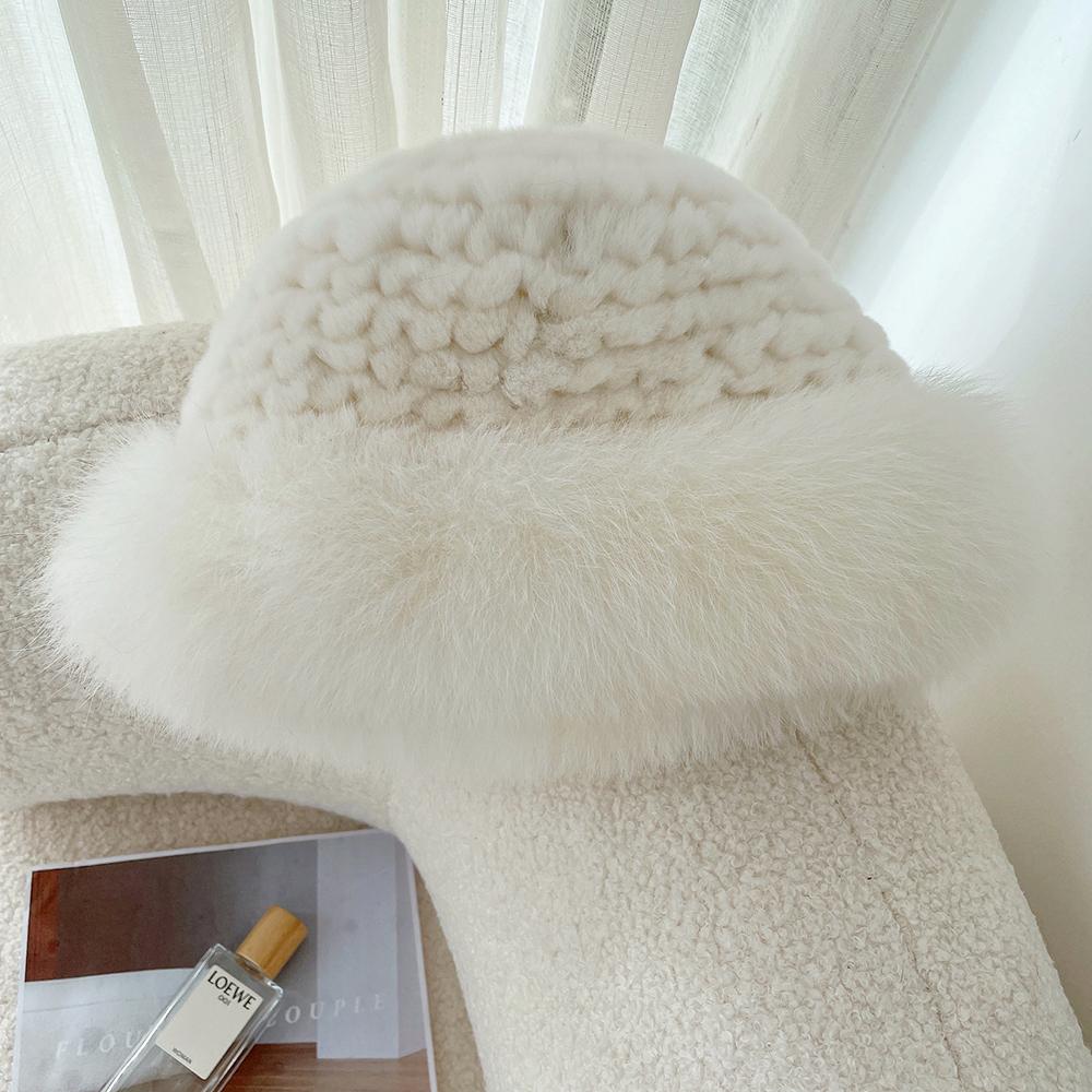 Women Luxury Winter Hat Real Rex Rabbit Fur Bomber Hats Lady Winter Genuine Fox Fur Cap Beanies Warm Soft Fluffy Natural Fur Hat