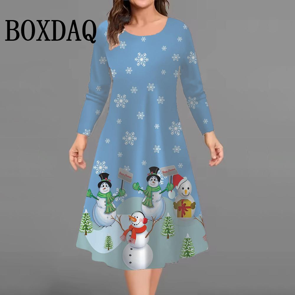 Christmas Tree Snowmen Party Dresses For Women Plus Size Winter Long Sleeve Dress Trendy Cute Casual Loose A-Line Dress