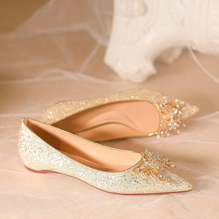 French Sequined Wedding Shoes Flat Single Shoes 2025 Not Tired Feet Pregnant Women High Sense Crystal Shoes Usually Low Heel Bridesmaid Shoes