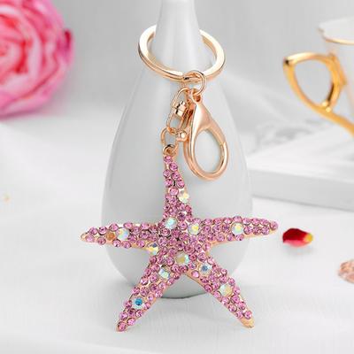 Keychain Sparkling Rhinestones Inlaid Starfish Design Keychain Pendant Enamel Oil Drip Process Smooth Edges Spring Buckle Key Holder Backpacks