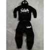Men's Casual Two Piece Set, Featuring a Printed Hoodie with Letter Patterns and Drawstring Outdoor Casual Sports Pants, Suitable for Travel