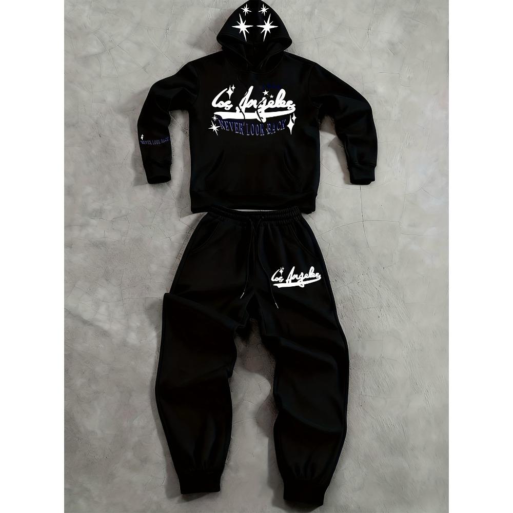 Men's Casual Two Piece Set, Featuring a Printed Hoodie with Letter Patterns and Drawstring Outdoor Casual Sports Pants, Suitable for Travel