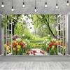 Rustikales Fensterbild Grüner Wald Tulpenblumen Foto Hintergrund
