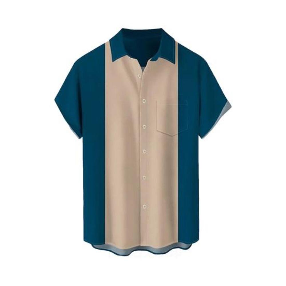 Men Shirt Lapel Collar Contrast Color Patchwork Single-breasted Loose Cardigan Short Sleeves Soft Mid Length