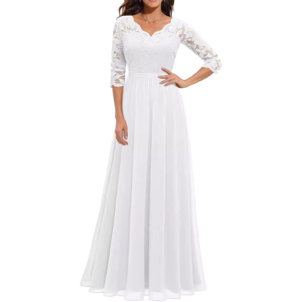 Women's V Neck Three Quarter Sleeve Lace Top Flared Chiffon Maxi Dress Beige