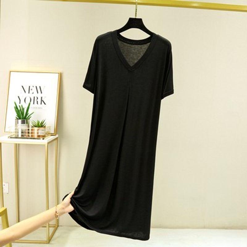 

Модальное платье с V-образным вырезом Тонкое Летнее Женское Большого размера Свободное Стройнящее Платье-халат Нижняя юбка А-силуэта Платье средней длины Black XL 65.00 kg-80.00 kg