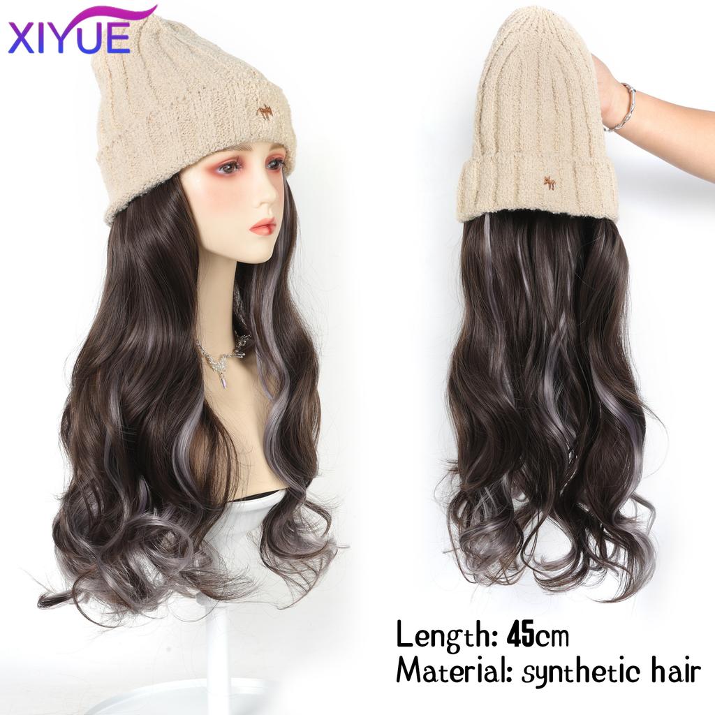 XIYUE Long Synthetic Straight Dark Brown Wigs with Hat Cap Adjustable Hair Wig with Hats for Ladies and Girls Daily Winter Wear