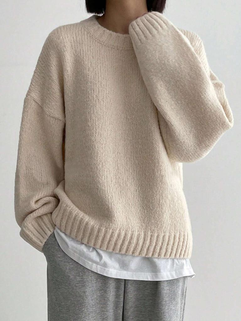 Autumn Winter Lazy Style Versatile Crewneck Thick Solid Knit Sweater Women's European Style Pullover Long Sleeve Sweater Top