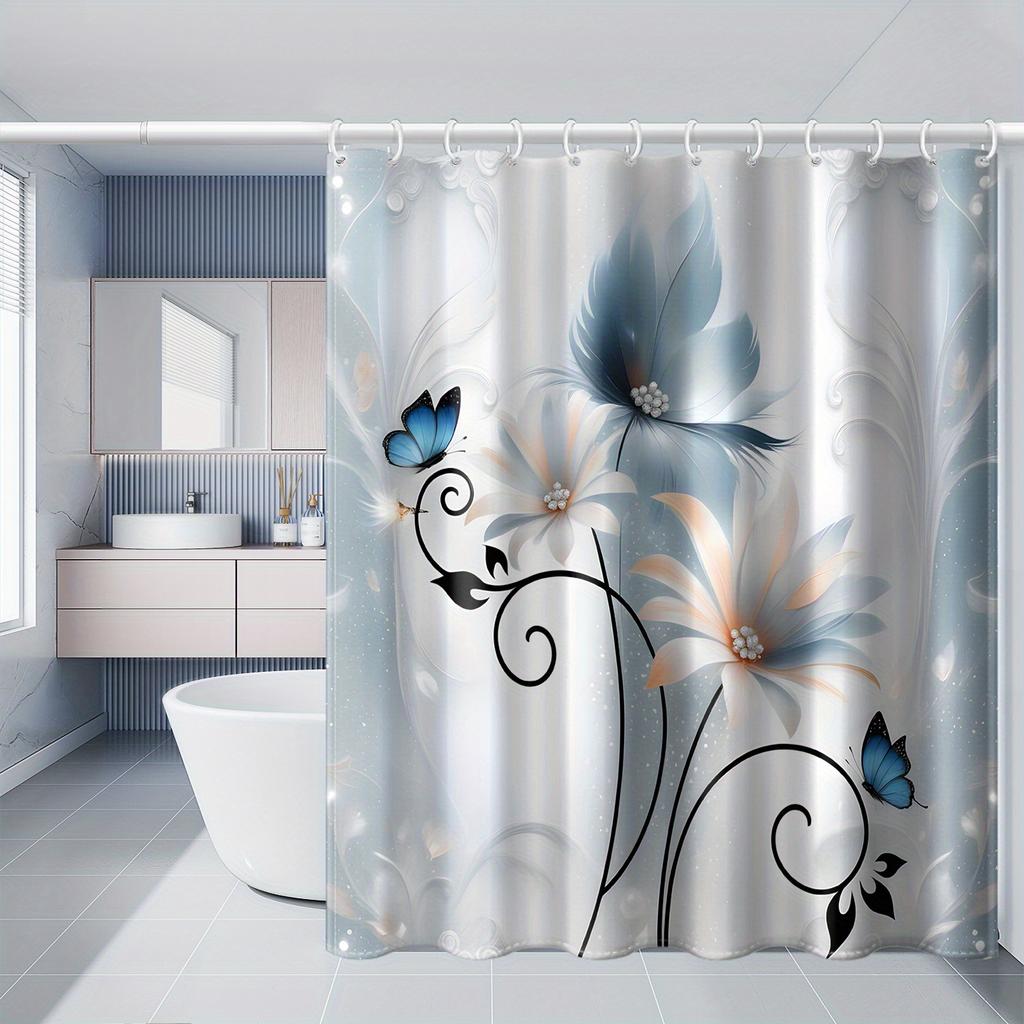 1Pc Smudge Blue Flower Print Shower Curtain - Waterproof Polyester, 12 Hooks, 71X71", All-Season Bathroom Decor