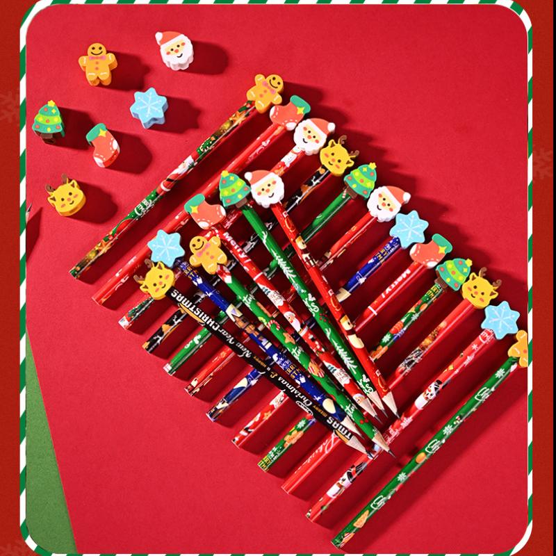 12Pcs Christmas Pencils With Cartoon Eraser Santa Claus Xmas Tree Wooden Pencils For Student School Supplies Children'S Gifts